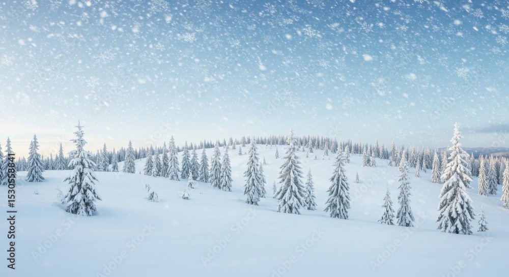 Fototapeta premium Snowy Winter Landscape with Fir Trees and Repeating Snowflake Patterns