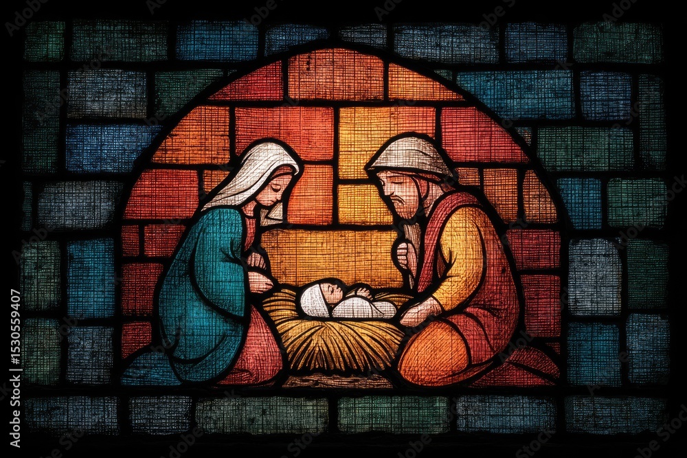 Obraz premium Creche tableau: sacred birth, holy scene, infant figure, Joseph face, Mary gesture, Bethlehem light, festive icon, divine glimpse, manger sign, spiritual story, yuletide aura, Christmas meaning.