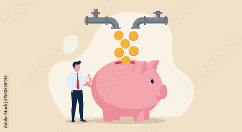 Multiple streams of income, passive income or revenue from invest in multi assets, side hustles to make money concept, rich businessman standing with multi cash flow from pipe into wealthy piggy bank.