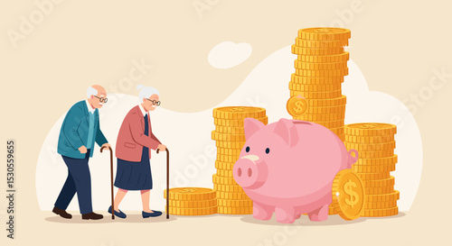 Retirement mutual fund, 401k or Roth IRA savings for happy life after retire and financial freedom concept, rich senior couple elderly man and woman stand with stacked of dollar coins pink piggy bank.