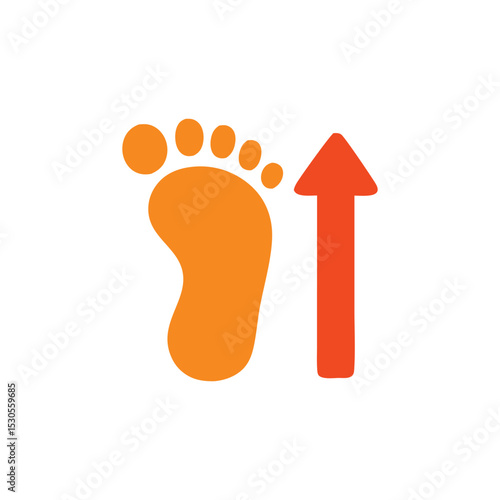 Orange footprint and arrow pointing up, isolated on a white background, indicating progress or direction.