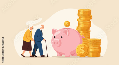 Retirement mutual fund, 401k or Roth IRA savings for happy life after retire and financial freedom concept, rich senior couple elderly man and woman stand with stacked of dollar coins pink piggy bank.