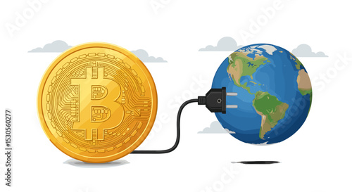 Cryptocurrency sustainability problem, bitcoin and crypto currency mining energy consumption not environment friendly concept, Big bitcoin with electric plug sucking energy from planet earth. 
