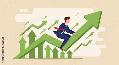 Stock market price rising up skyrocket in bull market, positive growing up business or ambition for winner investor concept, confidence businessman riding fast speed green rising up graph to the top.