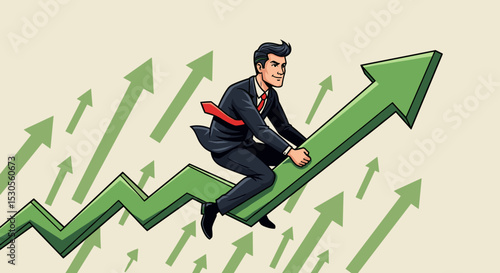 Stock market price rising up skyrocket in bull market, positive growing up business or ambition for winner investor concept, confidence businessman riding fast speed green rising up graph to the top.