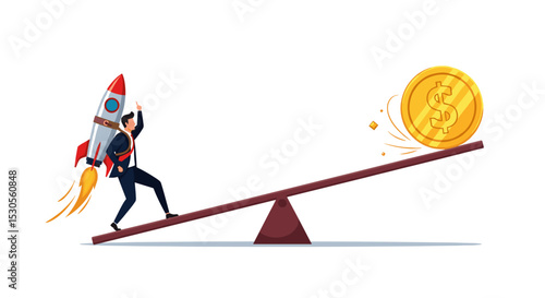 Economic stimulus money, central bank inject money to boost business and recover from Coronavirus COVID-19 crisis, big money dollar coin fall on seesaw to boost other side businessman with rocket.