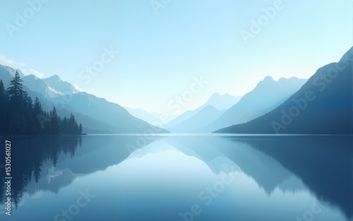 Wide panoramic header; calming rhythm of nature. A quiet blue atmosphere with a calm lake, the reflection of mountains on the water. peaceful landscape banner for contemplation and meditation website