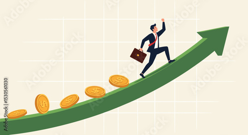 Investment profit and earning, stock market growth or fund flow depend on interest rate and inflation concept, businessman investor, fund manager holding flag lead money coins running up rising graph.