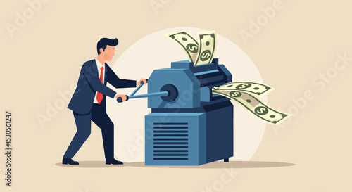 Printing money, quantitative easing policy by countries central bank or FED, federal reserve to stimulate economics concept, businessman central bank man rolling money printer to print money banknotes