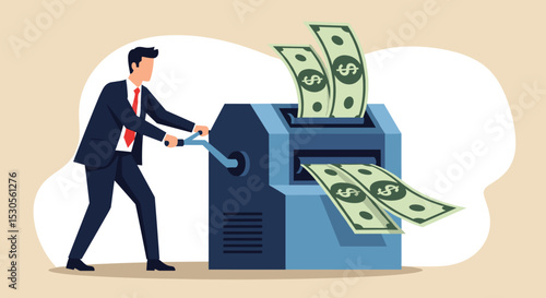 Printing money, quantitative easing policy by countries central bank or FED, federal reserve to stimulate economics concept, businessman central bank man rolling money printer to print money banknotes