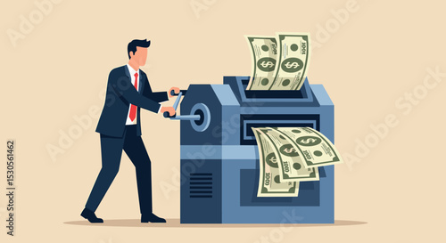 Printing money, quantitative easing policy by countries central bank or FED, federal reserve to stimulate economics concept, businessman central bank man rolling money printer to print money banknotes