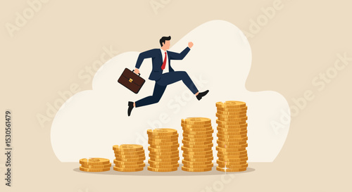 Compound interest, money growth investment, prosperity or earning and profitability stock concept, happy businessman investor jumping on stack of growth compound money coins.