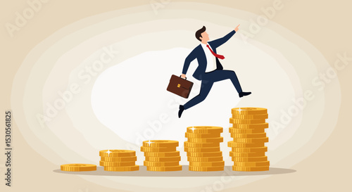 Compound interest, money growth investment, prosperity or earning and profitability stock concept, happy businessman investor jumping on stack of growth compound money coins.