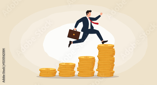Compound interest, money growth investment, prosperity or earning and profitability stock concept, happy businessman investor jumping on stack of growth compound money coins.