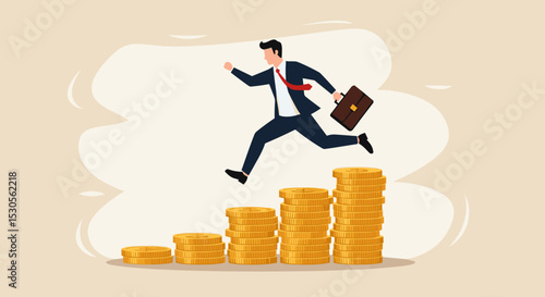 Compound interest, money growth investment, prosperity or earning and profitability stock concept, happy businessman investor jumping on stack of growth compound money coins.