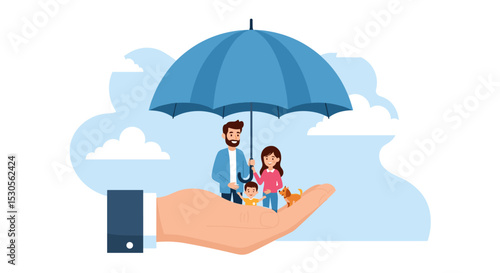 Life insurance, family protection to assure members will be financially supported and risk cover concept, lovely family with husband, wife and kids in supporting hand with umbrella cover protection.