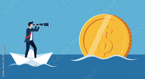 Financial planning target, vision and strategy for financial freedom or retirement saving goal concept, businessman salary man investor riding the boat using telescope to see far golden money coin. 
