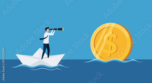 Financial planning target, vision and strategy for financial freedom or retirement saving goal concept, businessman salary man investor riding the boat using telescope to see far golden money coin. 