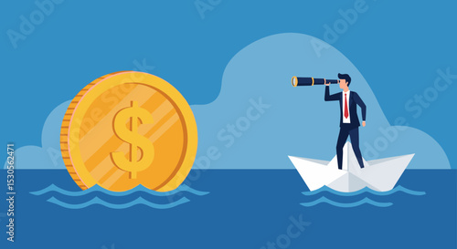 Financial planning target, vision and strategy for financial freedom or retirement saving goal concept, businessman salary man investor riding the boat using telescope to see far golden money coin. 
