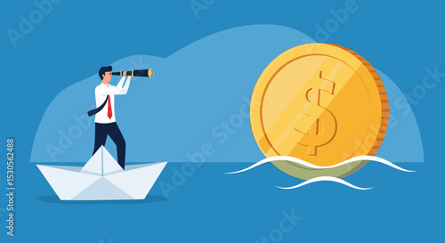 Financial planning target, vision and strategy for financial freedom or retirement saving goal concept, businessman salary man investor riding the boat using telescope to see far golden money coin. 