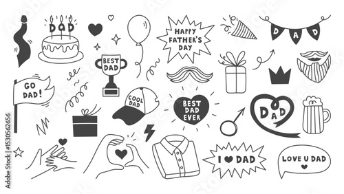Fathers Day Doodle Icons Set. Hand drawn Dad Holiday Party Celebration symbols collection. Moustache Heart Love Wishes Phrases Cake Element. Vector illustration