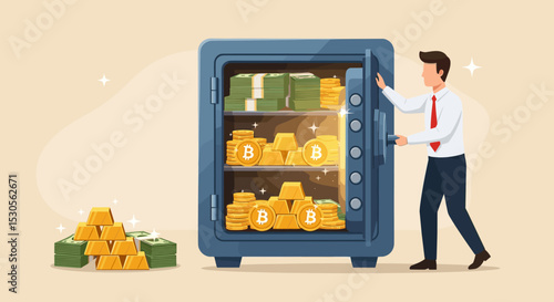 Alternative financial assets, crypto currency bitcoin, cash and gold for investment retirement plan concept, businessman investor standing with security safe with full of cash, gold and bitcoin inside