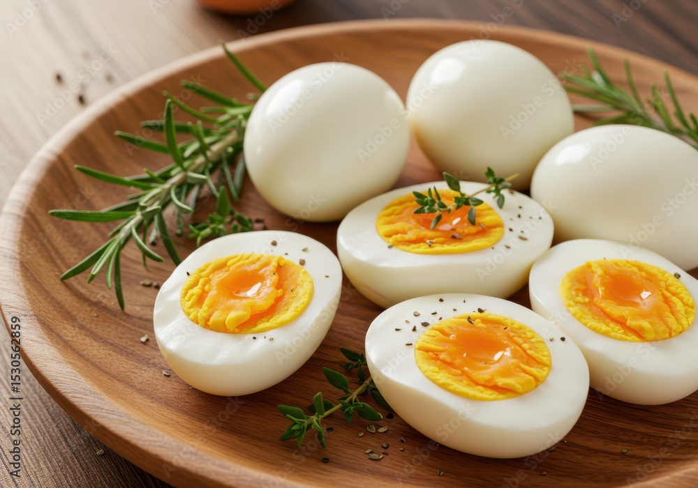 Freshly Cooked Eggs on Wooden Plate with Rosemary and Thyme Garnish, Perfect for Healthy Meal Prep and Culinary Presentations Freshly Cooked Eggs on Wooden Plate with Rosemary and Thyme Garnish, Perfect for Healthy Meal Prep and Culinary Presentations