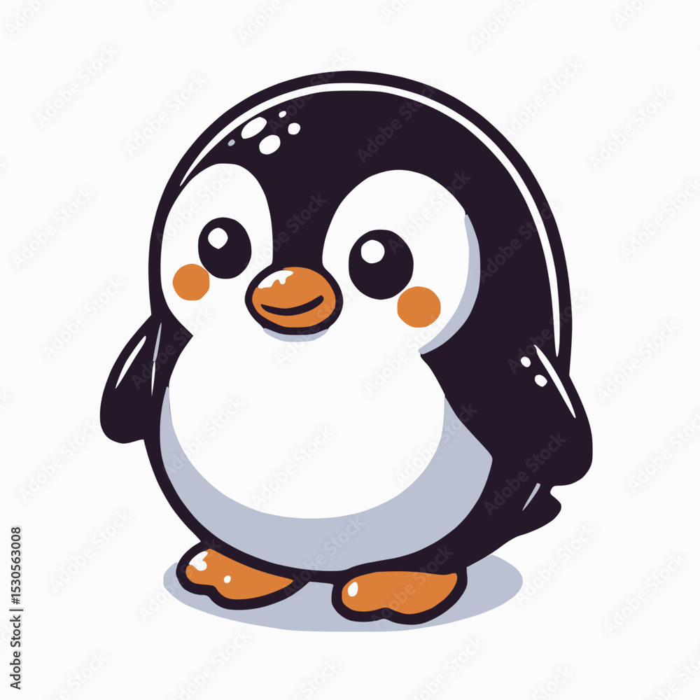 Obraz premium A charming colorful illustration of a cute cartoon penguin with rosy cheeks and large, expressive eyes, looking friendly.