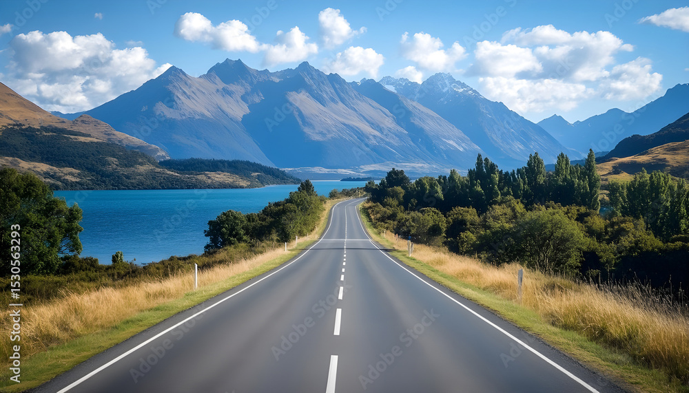 Fototapeta premium Lakeside Road with Mountain View