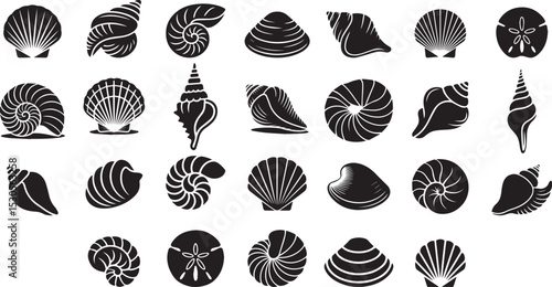 Sea shells black silhouette icon set vector illustration for modern design element