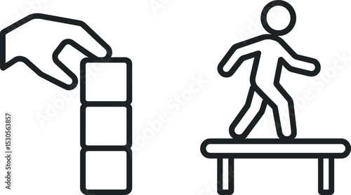 Hand stacking blocks and stick figure walking on beam icons