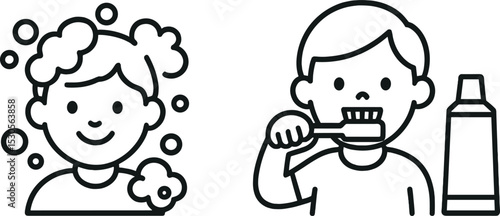 Cartoon kids practicing hygiene: girl washing hair, boy brushing teeth