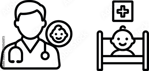 Pediatric healthcare icons: doctor with stethoscope and smiling baby in crib