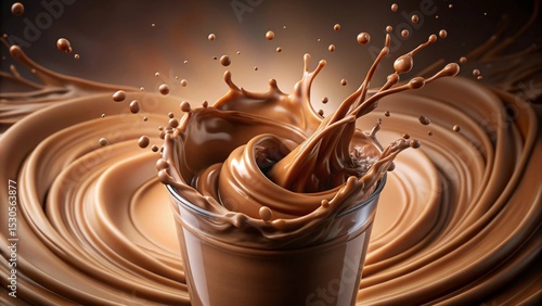 Dynamic Chocolate Milk Splash in a Glass, Swirling Creamy Texture, Delicious Beverage Photography