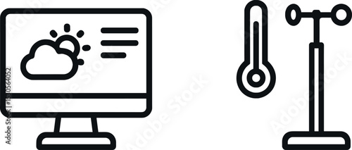 Weather monitoring icons: computer display with cloud and wind vane, thermometer