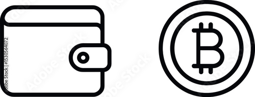 Digital wallet and bitcoin icon illustration in simple line art style