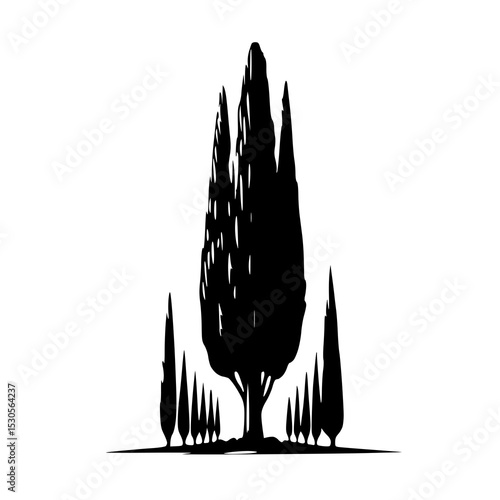 A vertical silhouette of a tall, columnar cypress tree, with a more compact and elegant form, possibly with smaller companion trees.