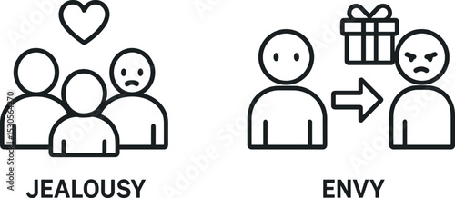 Jealousy vs envy icons: heart vs gift with people and arrows in black and white