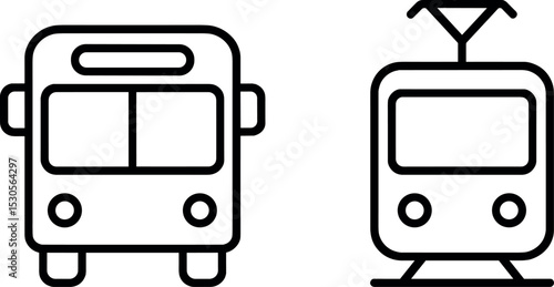 Black and white icons of bus and tram illustrating urban transportation