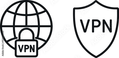 Vpn security icons – global network lock and protective shield symbols