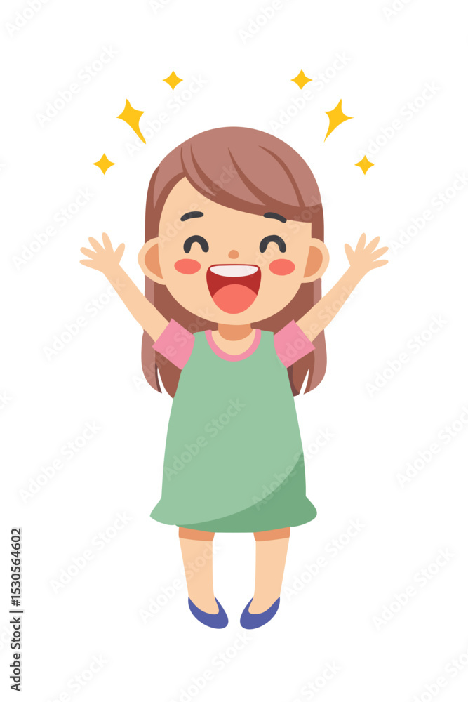 Happy cartoon girl in green dress with sparkles Happy cartoon girl in green dress with sparkles