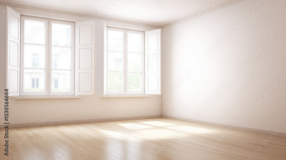 Empty room with large white-framed shutters open, allowing abundant natural light to illuminate the space, casting soft shadows on light-toned wooden floors. Pale neutral walls enhance the bright and Empty room with large white-framed shutters open, allowing abundant natural light to illuminate the space, casting soft shadows on light-toned wooden floors. Pale neutral walls enhance the bright and