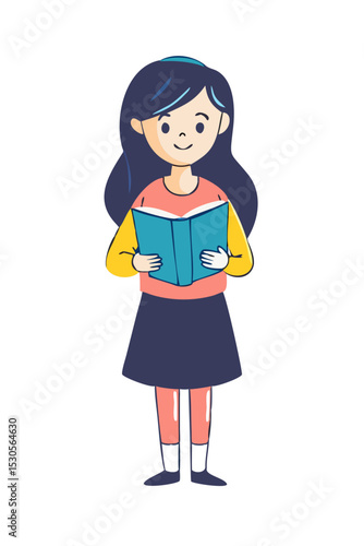 Cartoon schoolgirl reading with smile