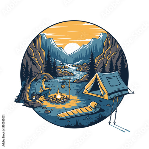 Camping scene featuring a tent, backpack, stream, trees, rocks, and mountains in a black and white illustration.