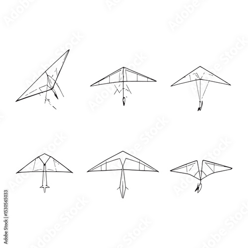hang glider flying high above mountains line art