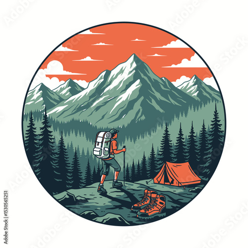 Hiker pauses, admiring majestic snow-capped mountains at sunset, beside a campsite.