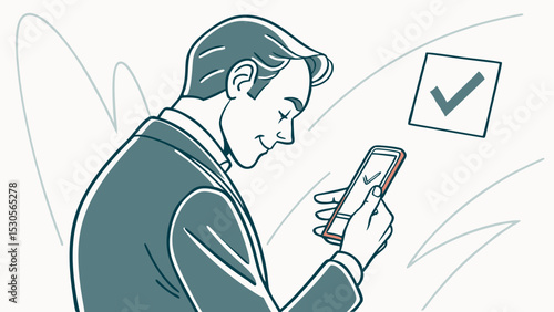 Man in suit looking at smartphone with checkmark on screen and checkmark in square above him on wall