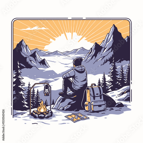 A person sits on a rock, admiring the mountain view and a campfire.