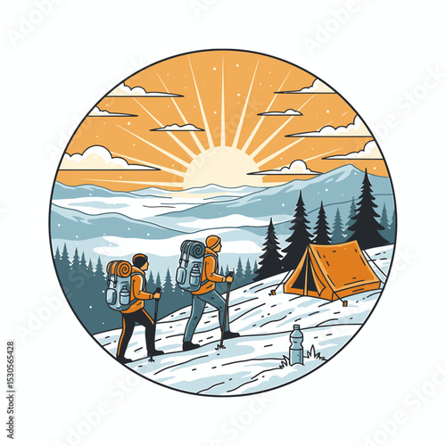 Two hikers with backpacks trek through a snowy mountain landscape towards a tent, under a bright sun.