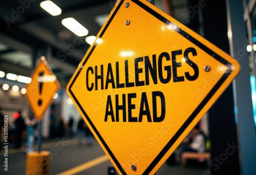 Yellow warning sign indicating challenges ahead in a busy environment